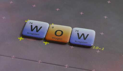 Elemensus - Word game based on the Periodic Table of Chemistry. The Word 'WOW' made with Tungsten (W), Oxygen (O), and Tungsten (W).