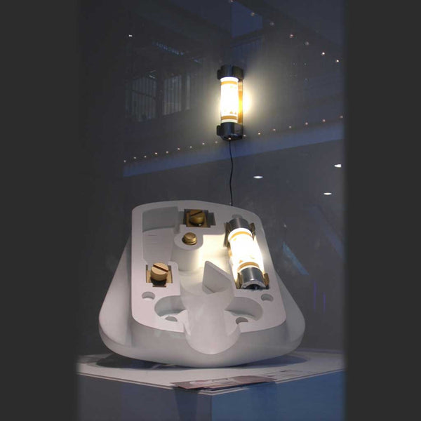 Fuse Lamp on display in The Three White Walls Gallery. Giant plug with Fuse Lamp installed also visible. 